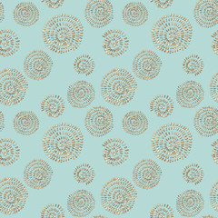 Abstract seamless pattern with 3d golden glittering acrylic paint round spiral circles on mint green background