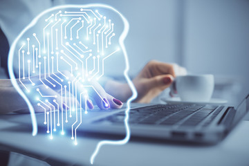 Multi exposure of woman hands working on computer and human brain hologram drawing. Ai tech concept.