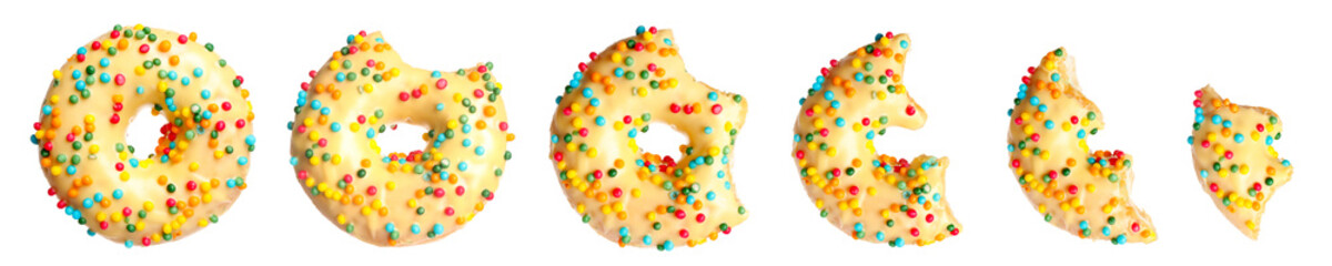 Fototapeta na wymiar Set of glazed delicious donuts on white background
