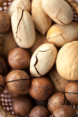 Natural background made from different types of nuts in the shell