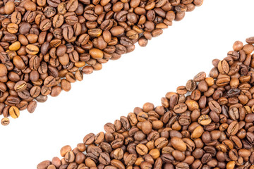 roasted coffee beans with copy space isolated on a white background