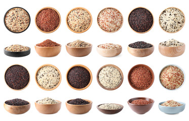 Set with different types of rice in bowls on white background
