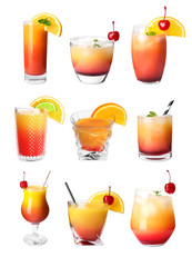 Set of Tequila Sunrise cocktails on white background