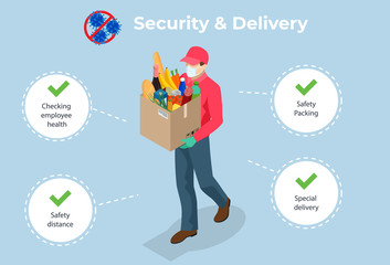 Isometric Delivery man or courier in a medical mask and gloves delivered delivering food to customer at home. Online purchases during a quarantine. Contactless or to the door delivery.