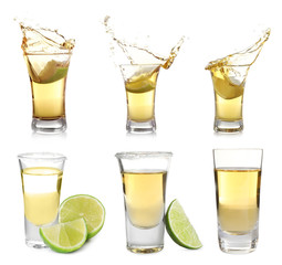 Set of Mexican Tequila shots on white background