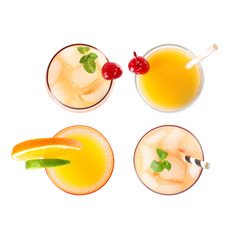 Set of Tequila Sunrise cocktails on white background, top view