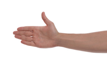 Man held out hand on white background, closeup