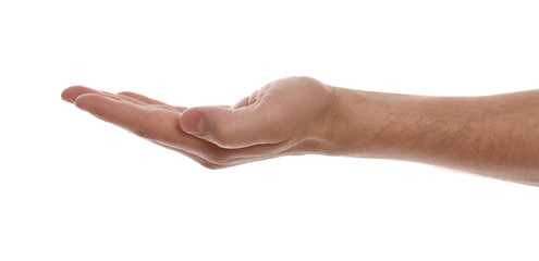 Man against white background, closeup of hand