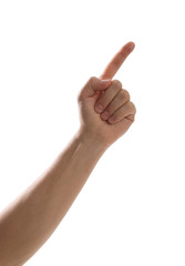 Man pointing at something against white background, closeup of hand