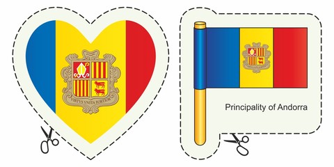 Flag  Andorra. Vector cut sign here, isolated on white. Can be used for design, stickers, souvenirs.