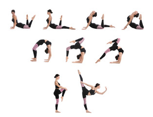 Fototapeta na wymiar Collage of woman practicing yoga on white background