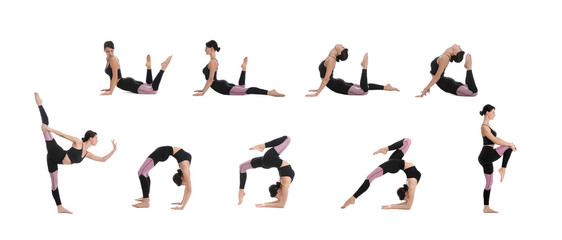 Collage of woman practicing yoga on white background. Banner design