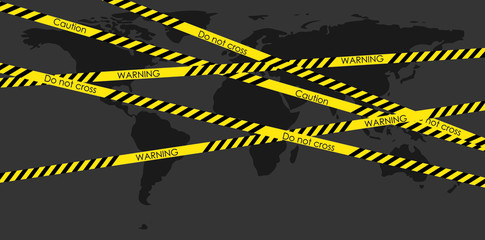 Virus lockdown barrier yellow tape over world map. Coronavirus pandemic Covid19. Vector illustration EPS10