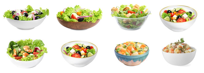 Set with different salads on white background. Banner design