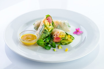 vegetable spring rolls decorated with flowers