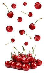 Obraz na płótnie Canvas Set of falling ripe cherries on white background. Banner design