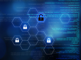 Cyber attack prevention. Four locks and source code on background
