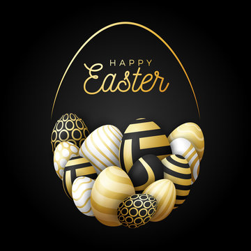 Luxury Happy easter card with eggs. Many beautiful golden realistic eggs are laid out in the shape of a large egg. Vector illustration for easter on black background.
