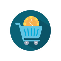 shopping online concept, supermarket trolley with money coin icon, block style