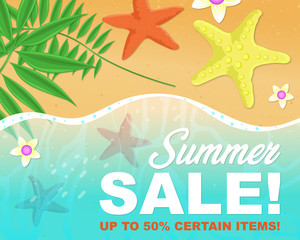 Fototapeta na wymiar Tropical Summer Sale Concept on a Beach with Starfish, flowers, and Palm Tree Leaves