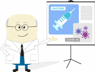 cartoon illustration of scientist presenting coronavirus vaccine. Isolated on white background