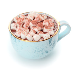 Cup of hot chocolate with marshmallows on white background