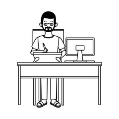 man working with desktop in desk character