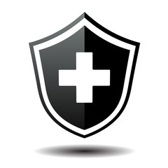Medical shield black and white icon. Flat art symbol. Vector illustration.