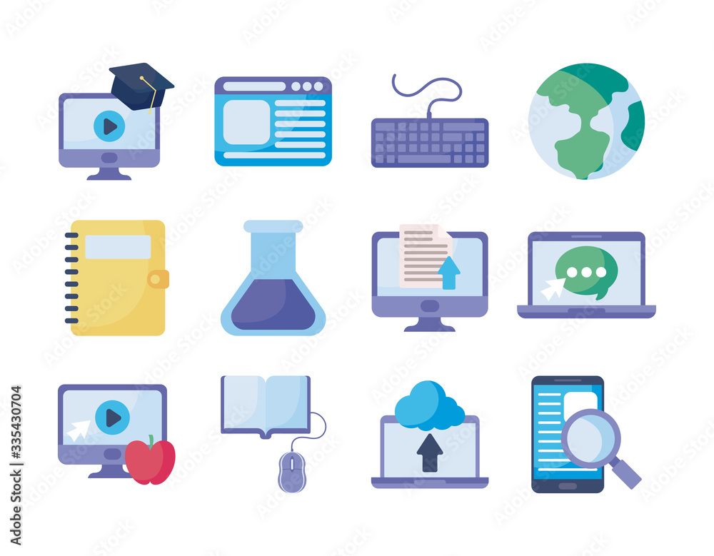 Sticker set of icons online education, education technology