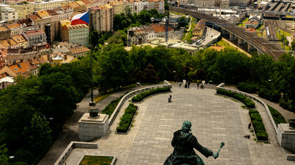 View of Prague from Vitkov hill behind monument Jan Zizka.