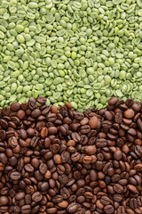 Green and roasted coffee beans as background