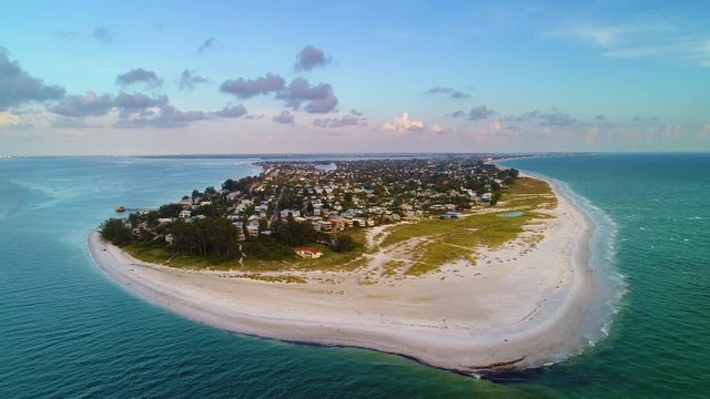 Drone shot of Anna Maria Island on Florida's Gulf Coast at Sunset
