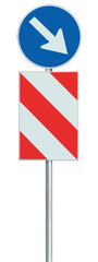 Mandatory keep right obstacle detour road sign isolated European EU traffic safety barrier signage pole post blue reroute warning white right hand arrow red diagonal striped signal vertical closeup
