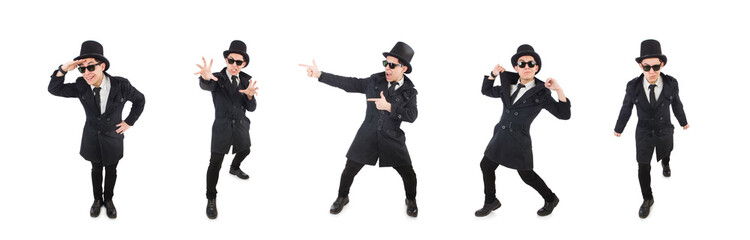 Young detective in black coat isolated on white