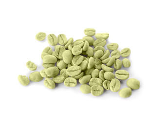 Green coffee beans on white background