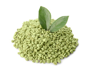 Green coffee beans on white background