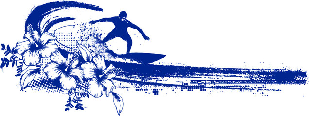 grunge surf scene with surfer and hibiscus