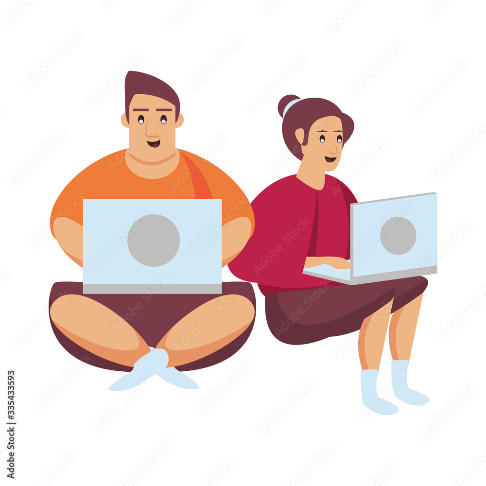 Wall mural couple working with laptops characters