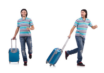 Young man with suitcase isolated on white