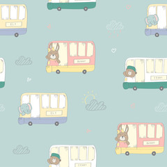 Kids baby pattern with cute animals on the bus in the pastel style