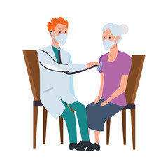 doctor attending old woman in chairs