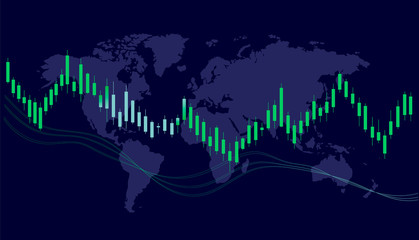 Vector stock market illustration. Forex trading graph in graphical form. Financial investment. Abstract finance background. World map on a blue background. 