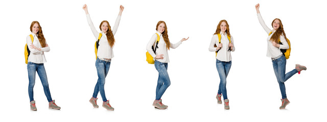 Woman with backpack isolated on white