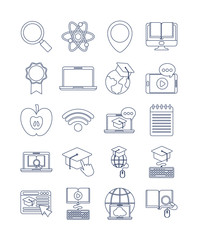 set of icons online education, education technology, line style icon