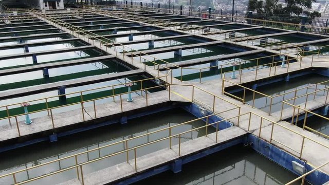 Aerial top view recirculation solid contact clarifier sedimentation tank Water treatment plant facility