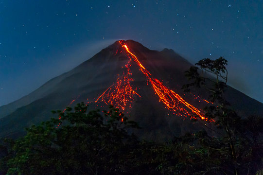 Eruption of Arenal Volcano at Night 