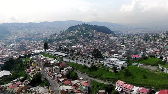 Aerial view of old town Quito, Aerial view recirculation solid contact clarifier sedimentation tank, Water treatment plant