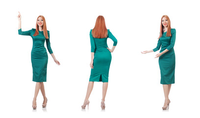 Fototapeta premium Beautiful woman in blue dress isolated on white