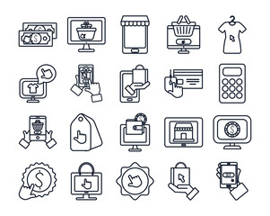 money and shopping online icon set, line style
