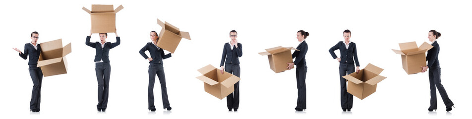 Woman businesswoman with boxes on white